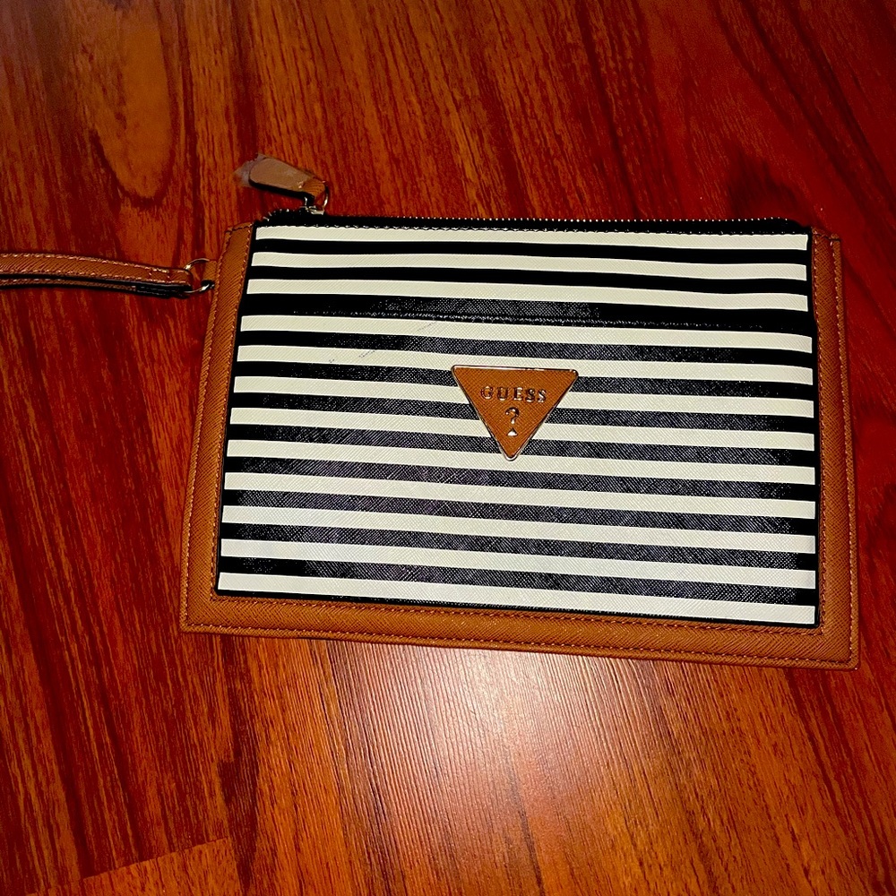 Guess black and white striped clutch